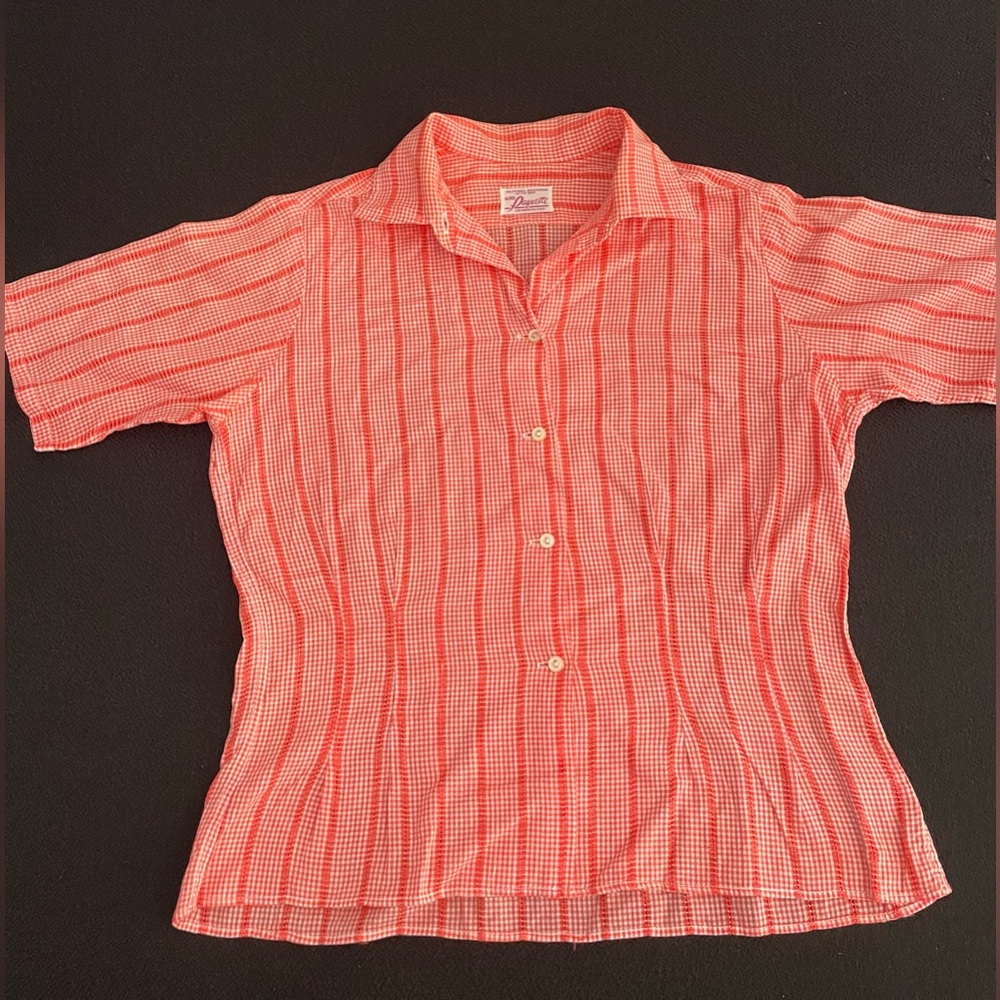 VTG 60s Alfred Paquette red & white fitted gingham plaid button down top sz M